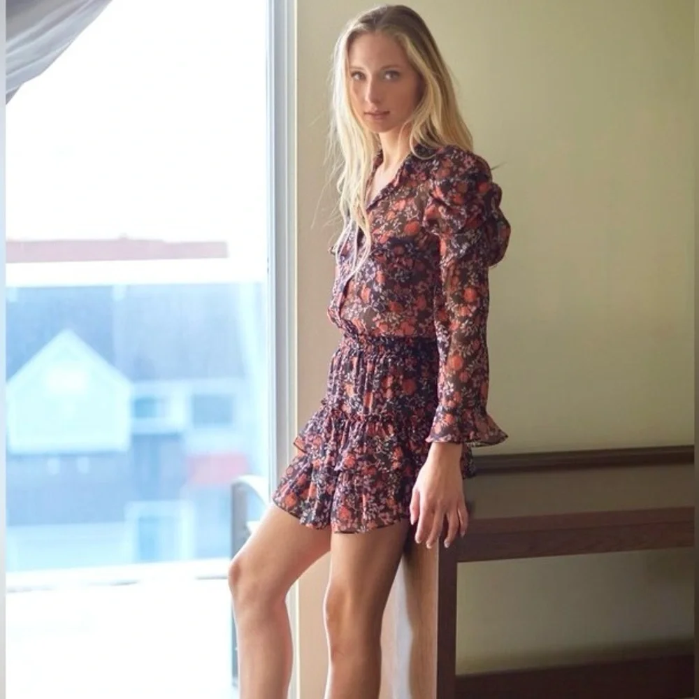 MISA Anika Dress XS Carnelian Blooms Floral Ruffle Mini Metallic - Picture 7 of 11